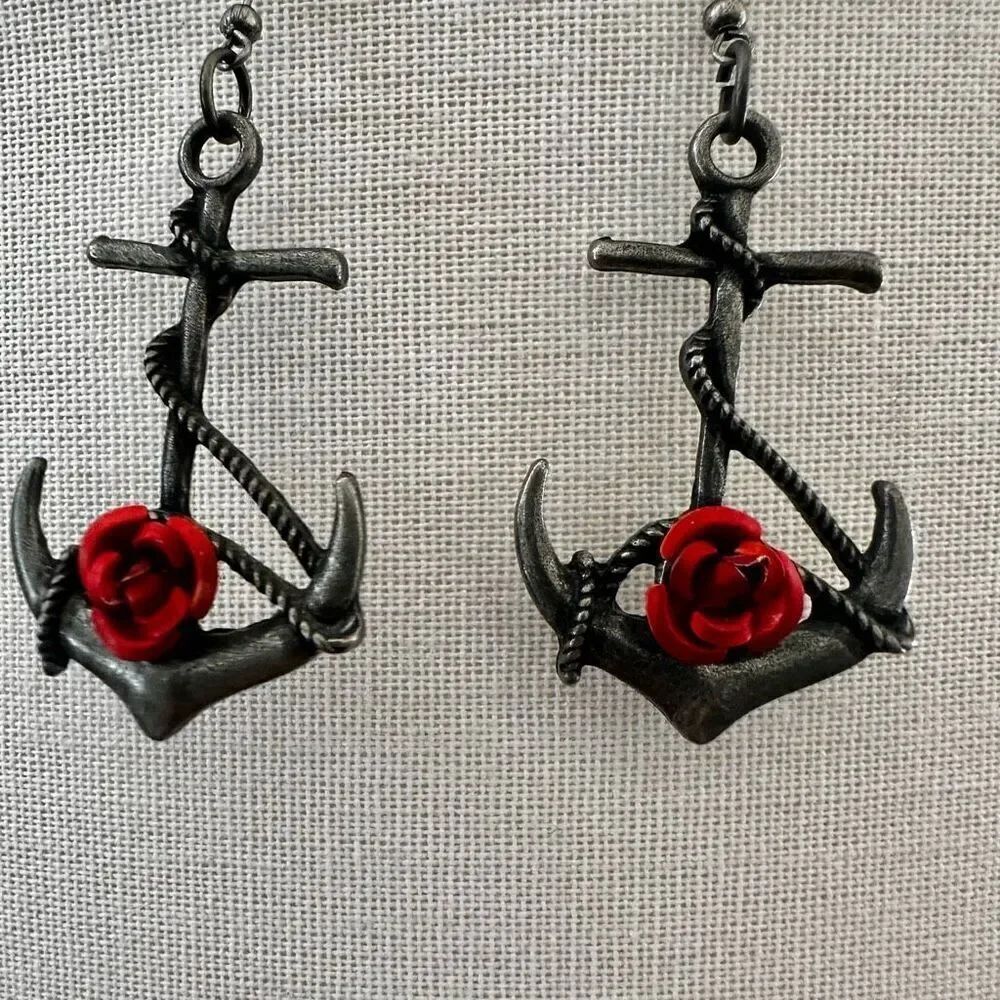 Gothic Anchor & Red Rose Dangle Earrings